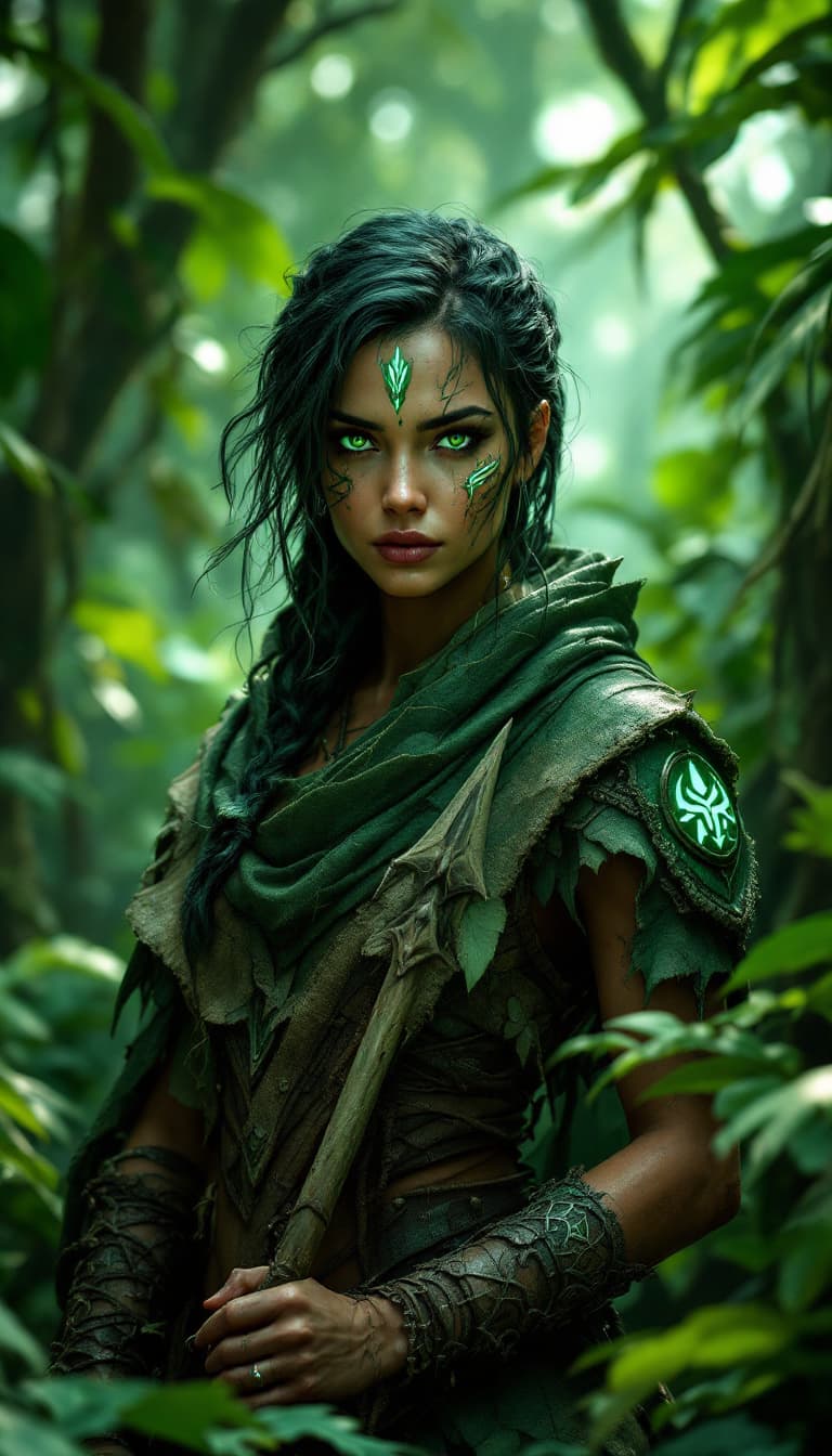 AI generated: A cinematic digital artwork featuring a cunning, female jungle scout in a watchful yet poised, camou...