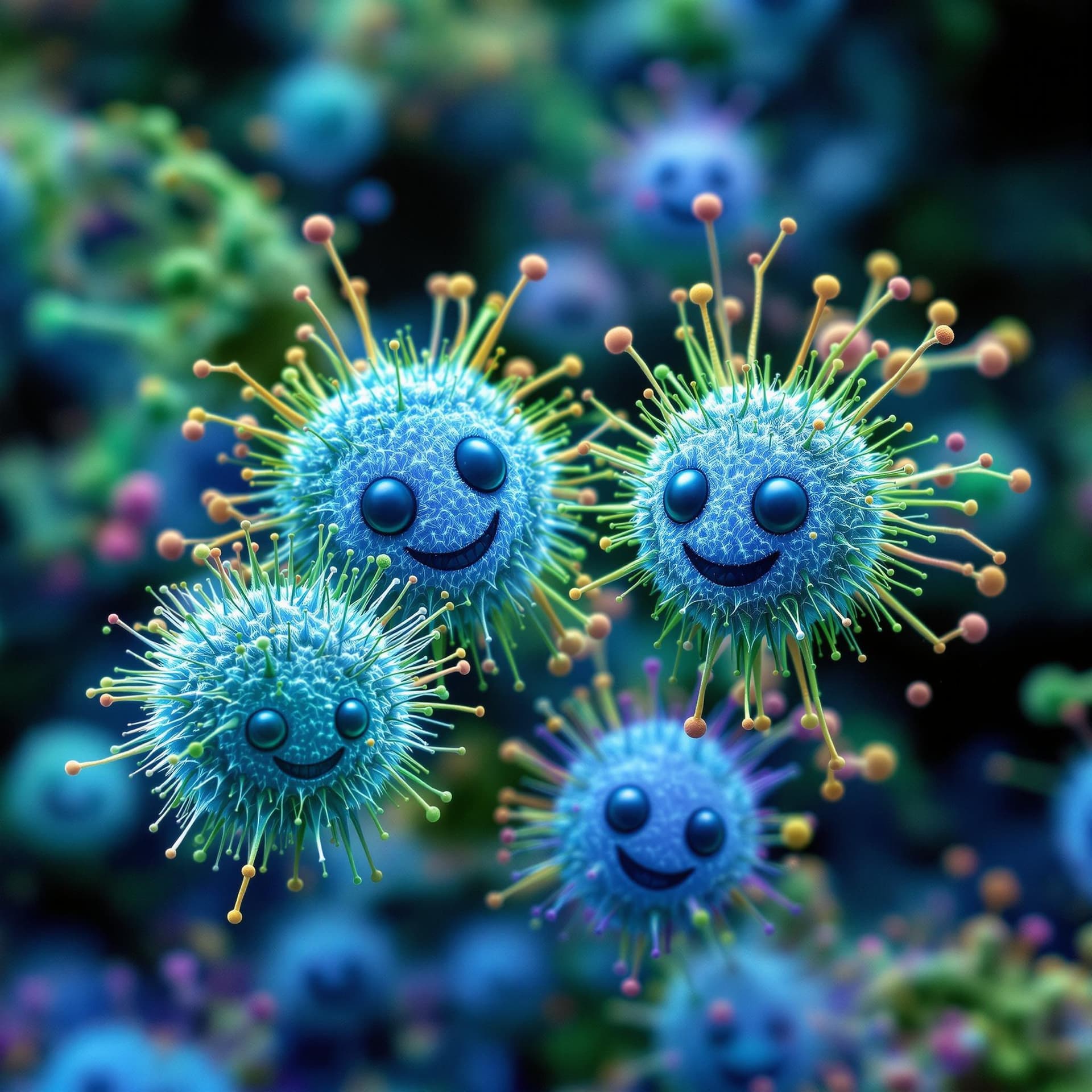 AI generated: Microscopic bacteria 100X zoom, fuzzy blue and green friendly bacteria with smiley faces enhanced 8k...