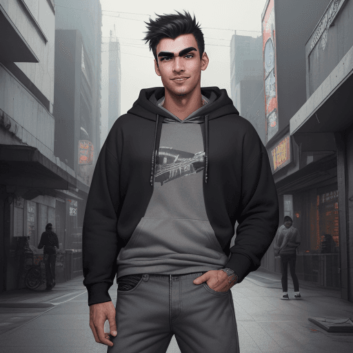 AI generated: An man with shorts hair, handsome face, thick eyebrows, black brown eyes, smiling, wearing a gray ho...