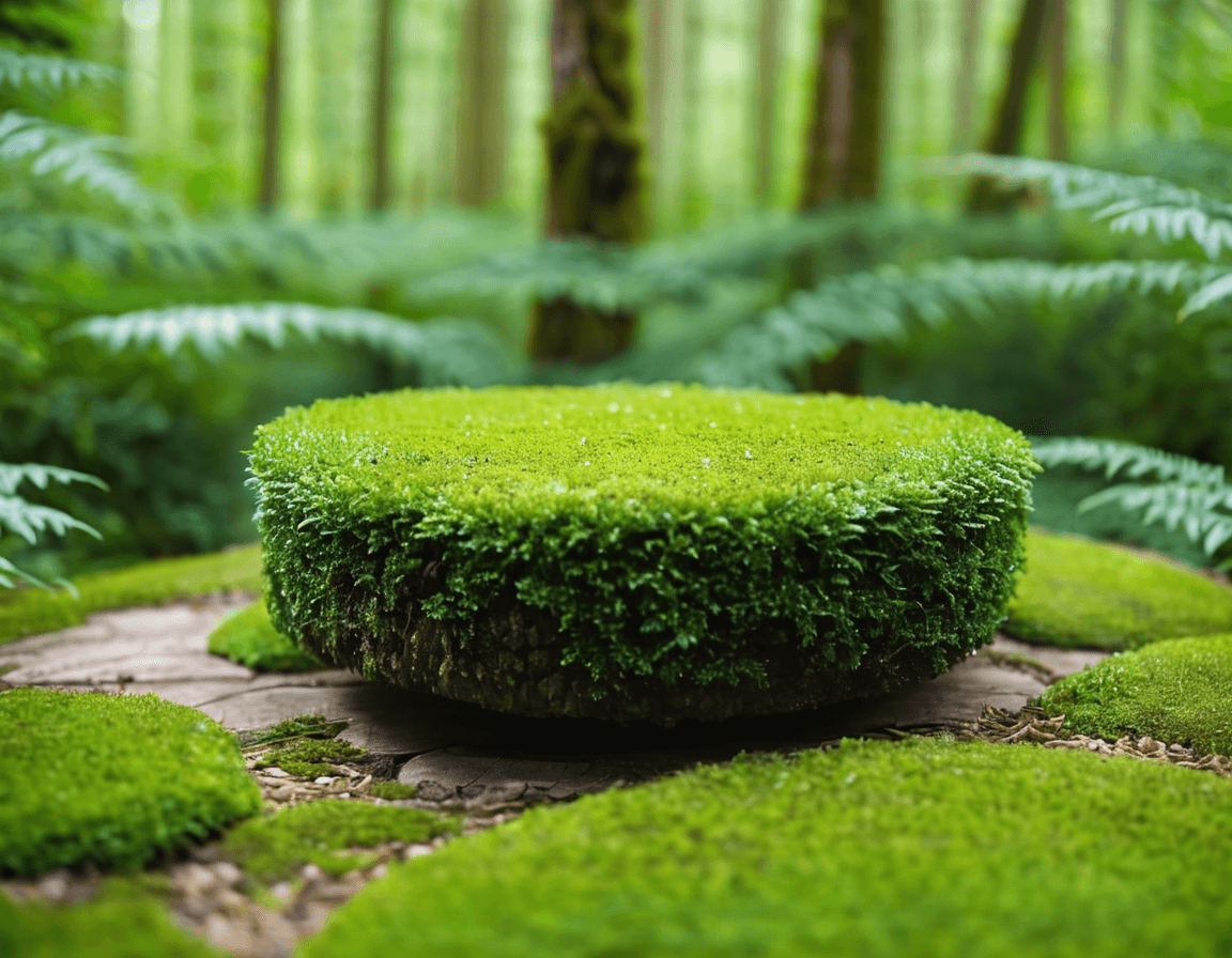 AI generated: A moss-covered rock podium in the nature background, trending on cg society, stage, beautiful day, e...