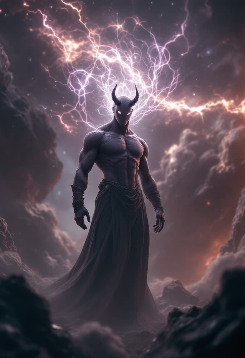 AI generated: God of the Mind, full-body, No Hair or mouth, Etherial, muscular, Glowing eyes, epic, cinematic, 8k,...