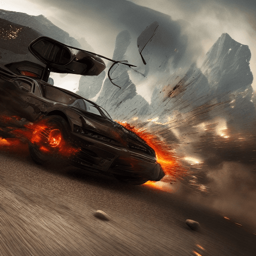 AI generated: Elevate the scene's cinematic quality by adding a vehicle and explosion through photo manipulation. ...