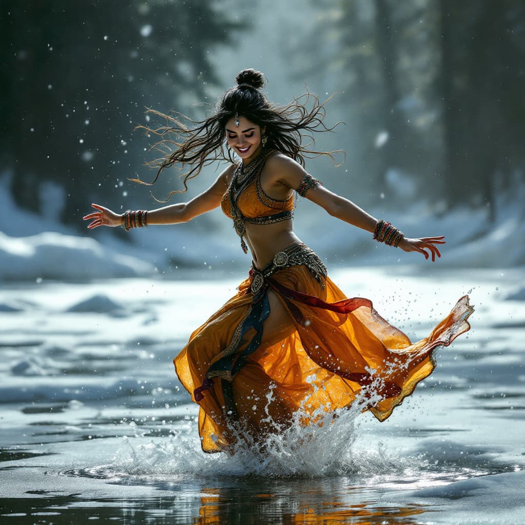 AI generated: A cheerful beautiful Indian girl, dancing, drkms,(full body:1.1), on Thin Ice,drkms, water-bender,ch...