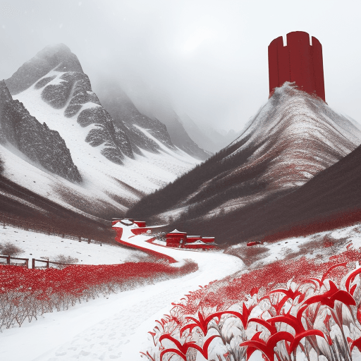 AI generated: Snow scenery with red lilies blossoming, snow road, cloudy, two crumbled black towers in the distanc...