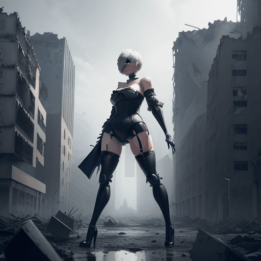 AI generated: 2b from nier automata, strapless latex, High Resolution, 8K, blue eyes, short hair white, in a destr...