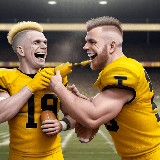 AI generated: two laughing sweaty, caucasian american football players with short mohawks, squirting yellow mustar...