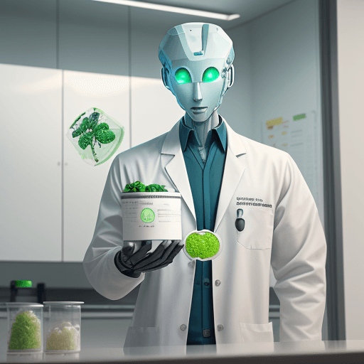 AI generated: A realistic image of a robot nutritionist from the future. He wears his lab coat and has a future do...