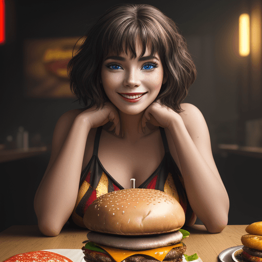 AI generated: Cuisine, A smiling woman wears a dress made of burger  as she lays on a table, rich deep colors, int...