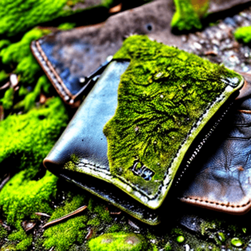 AI generated: The pockets of an abandoned wet leather wallet on a mossy pavement. Style: goth