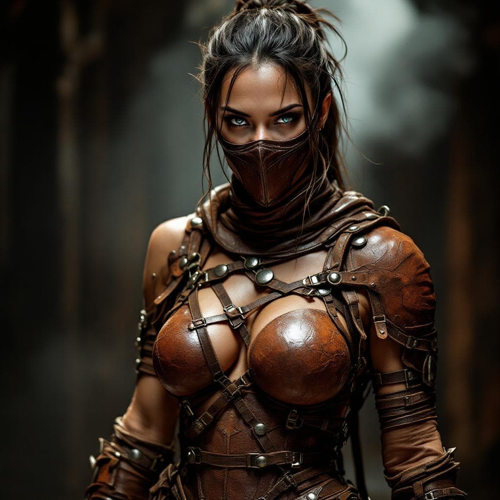 AI generated: Full body view of A striking female figure with an athletic build is adorned in intricate brown leat...