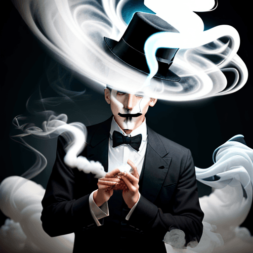 AI generated: Surprised magician beside a hat emitting white rising smoke
