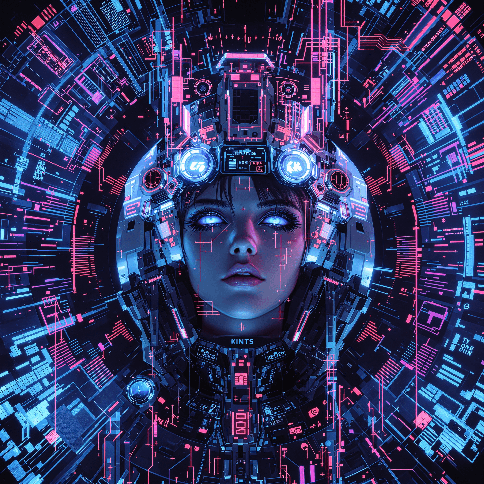 AI generated:  Portrait of a futuristic cyberpunk rebel leader, girl, centered, adorned with revolutionary tech, i...