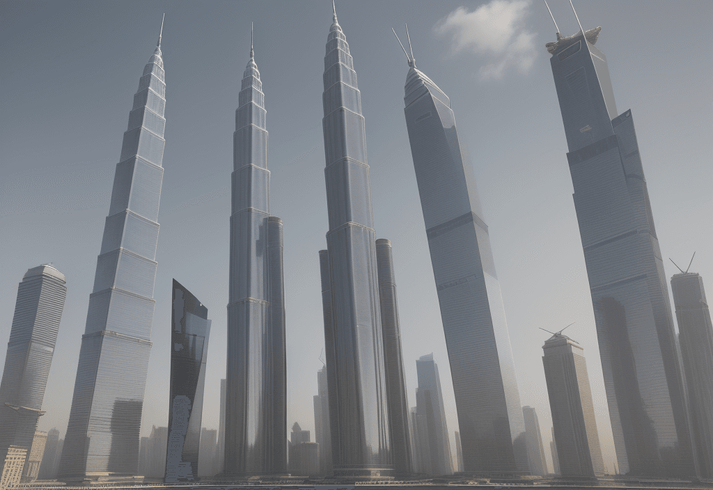 AI generated: A striking realistic perspective image of an ultra-modern single-column tower built 2000 floors high...