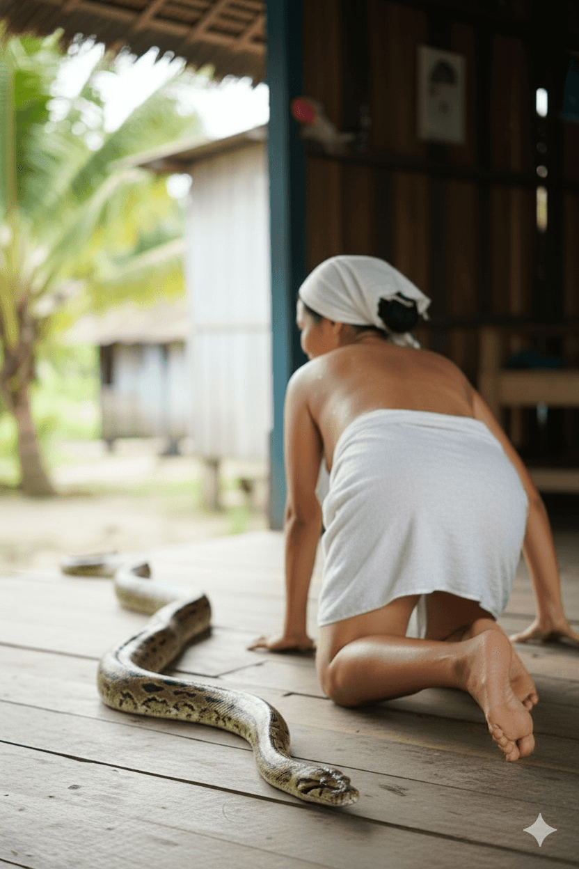 AI generated: view from back side of mature sexy women after take a bath using mini towel has crawling in panic be...