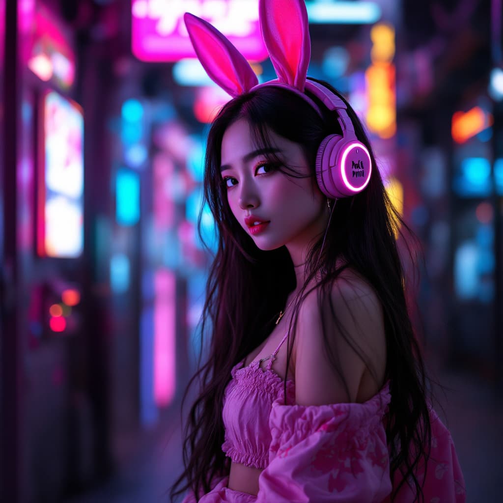 AI generated: The pink bunny asian girl in the cyber world is a cyberpunk (full body photo), with beautiful long h...