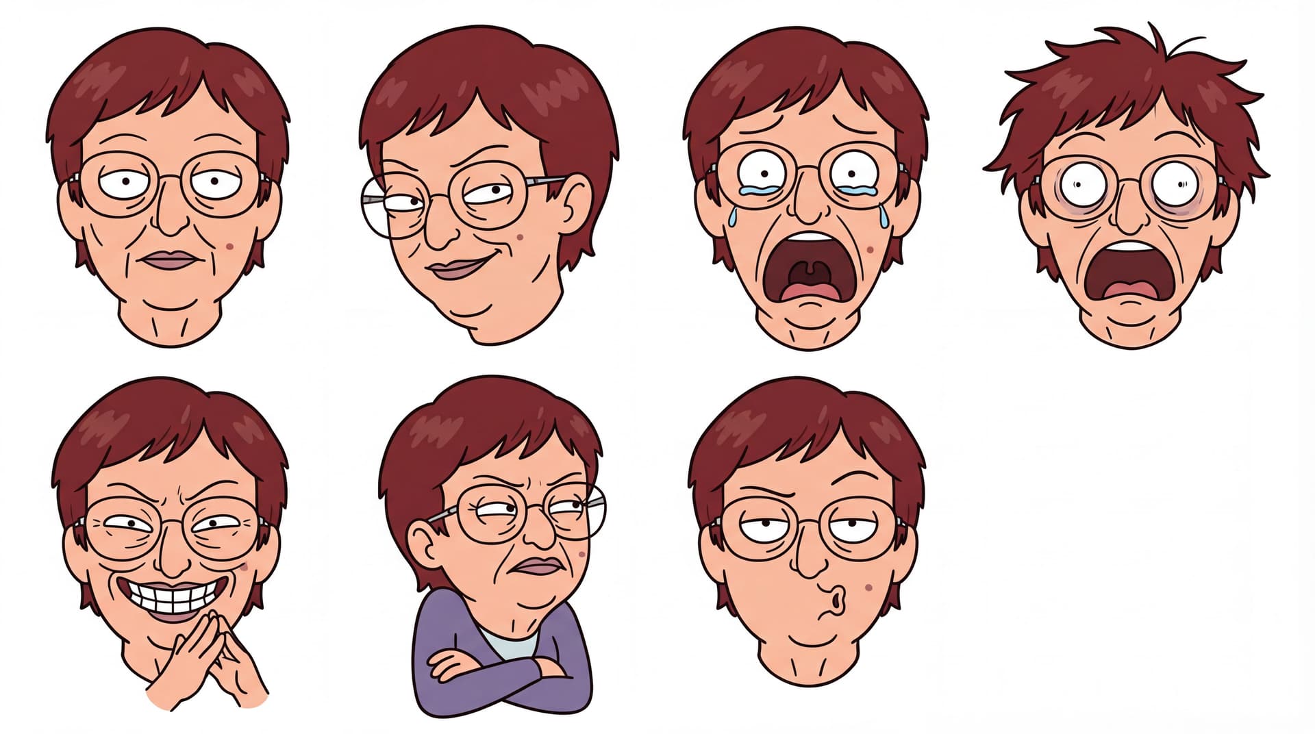 AI generated: Create different facial expressions. Character sheet. Stealing face, scared expression wide open mou...