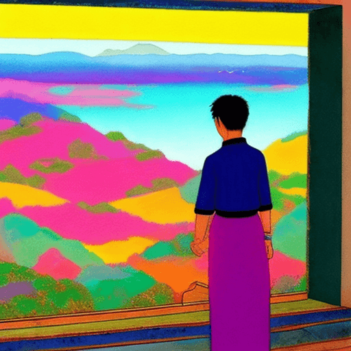 AI generated: vibrant scenes, person looking at the horizon,  --ar 3:2 --niji 6 