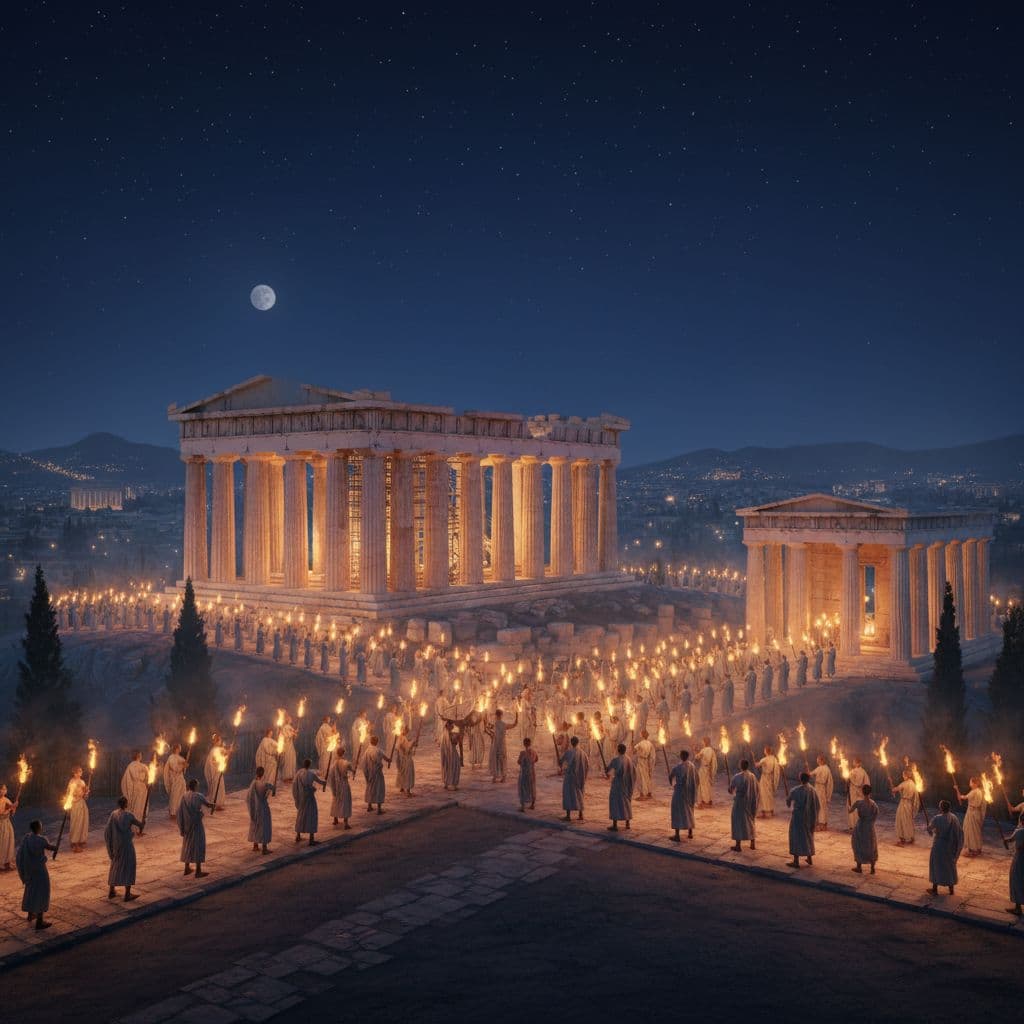 AI generated: 3D photorealistic view of the Acropolis in Athens during a festival, torches illuminating marble tem...