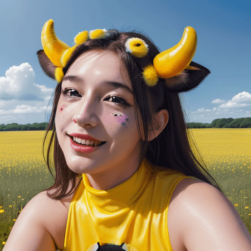 AI generated: a happy cow wearing a bumble bee costume in a field, in the style of illusory wallpaper portraits, c...