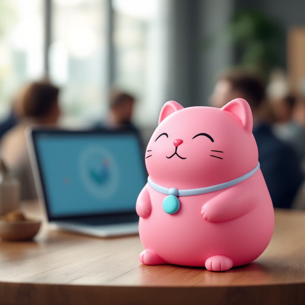 AI generated: picture of a pink squishy cat merchandise with a conference background. The cat looks like a anti-st...