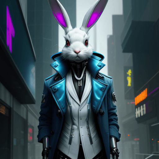 AI generated: an anthropomorphic cyberpunk rabbit in a blue trench coat | cybernetic | | biopunk |led and vibrant ...