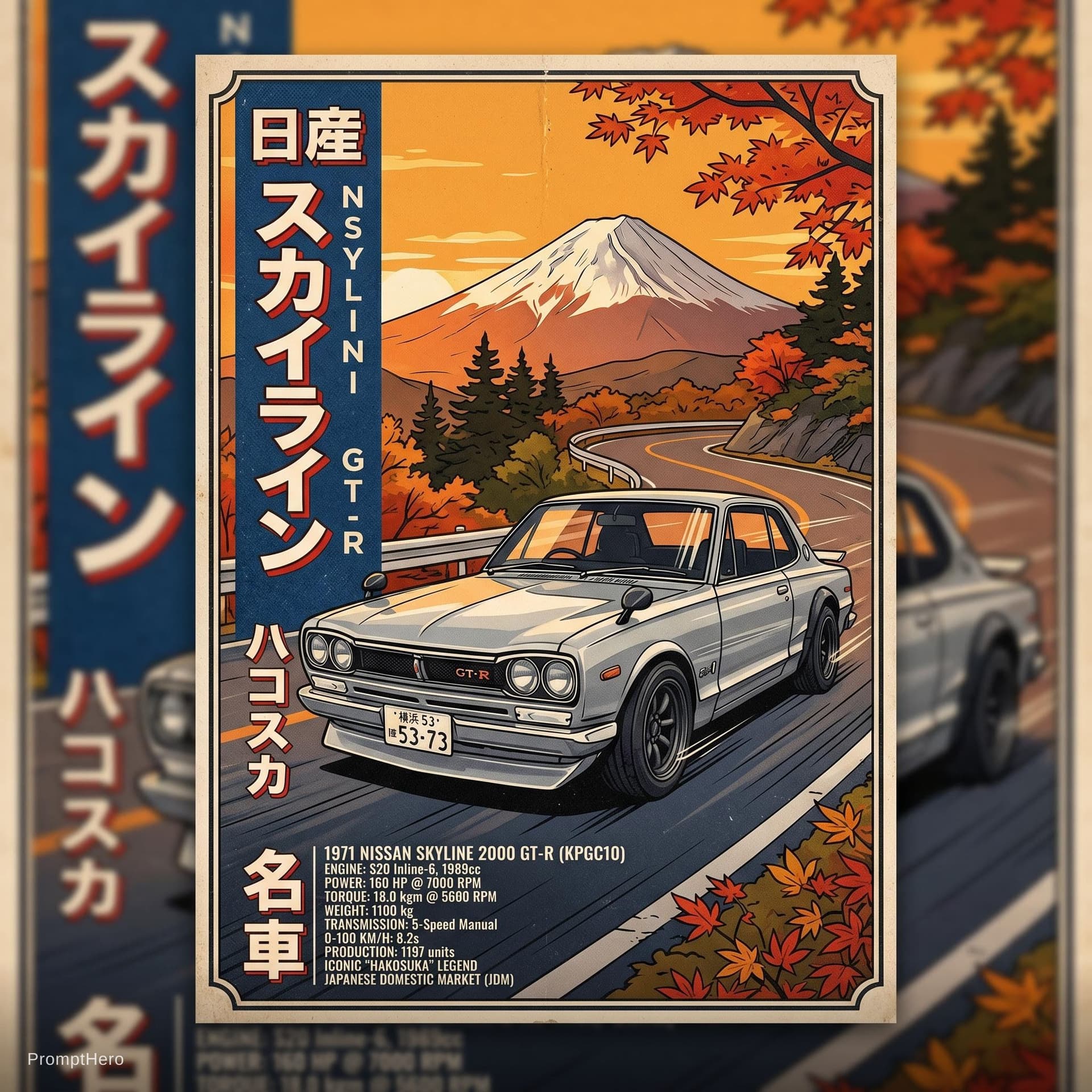AI generated: Left side japnese name of car bottom left detail of car and printable poster
