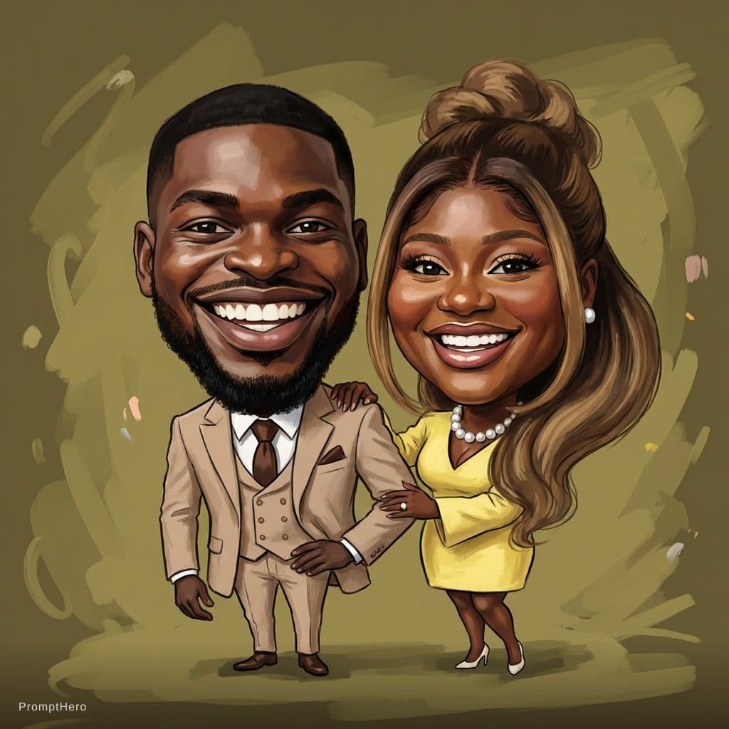 AI generated: funny caricature, adult man and woman (input Image), mid-30's, big cartoonish head, exaggerated cari...