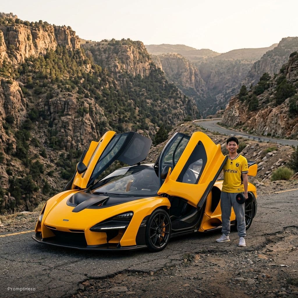AI generated: Cinematic photograph of [subject, ref photo] standing at the open dihedral door of a McLaren Senna i...