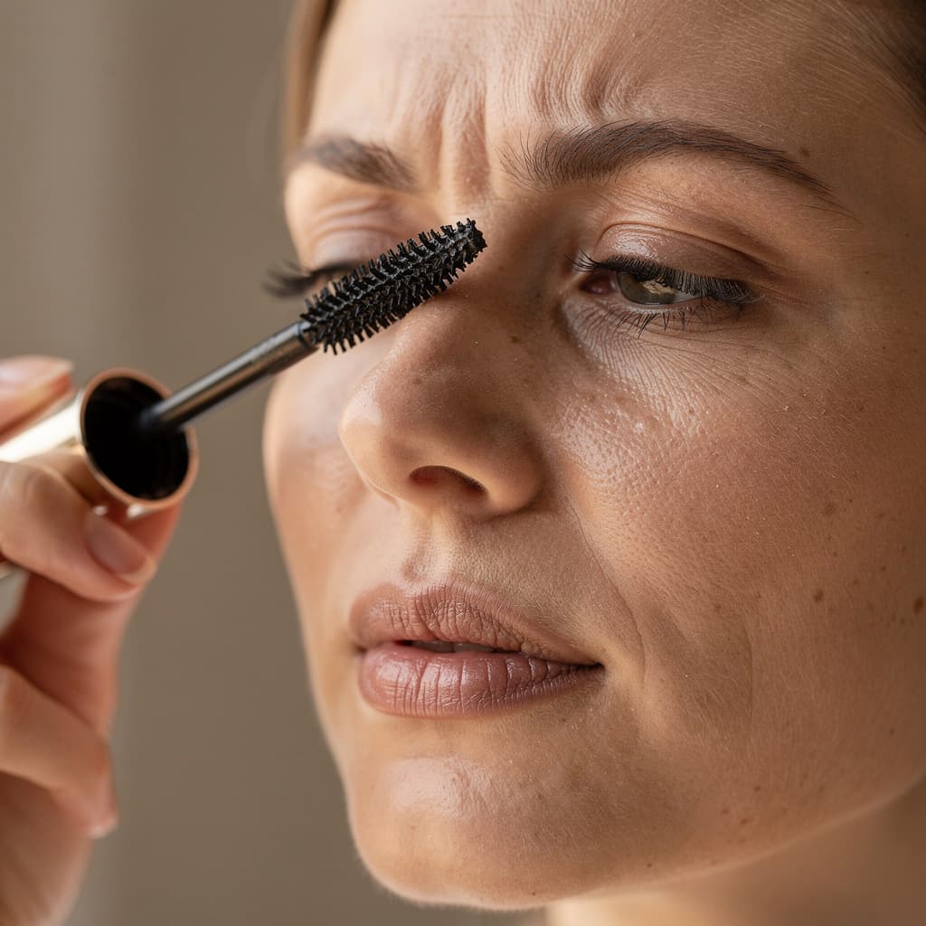 AI generated: Natural close-up beauty portrait of a real woman applying mascara. The mascara wand is actively touc...