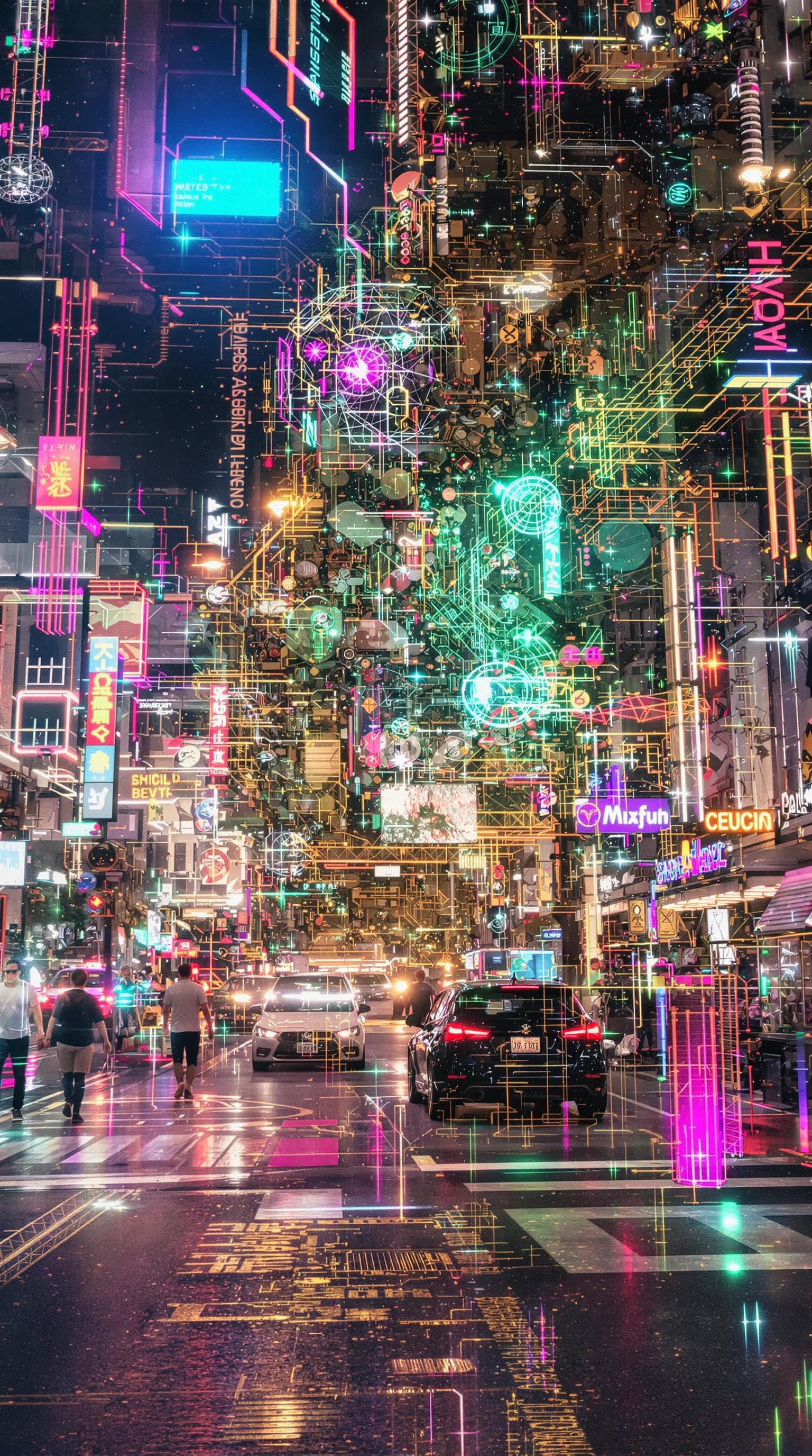 AI generated: highly intricate double exposure art , superimposed on a bustling city street, cyberpunk aesthetic, ...