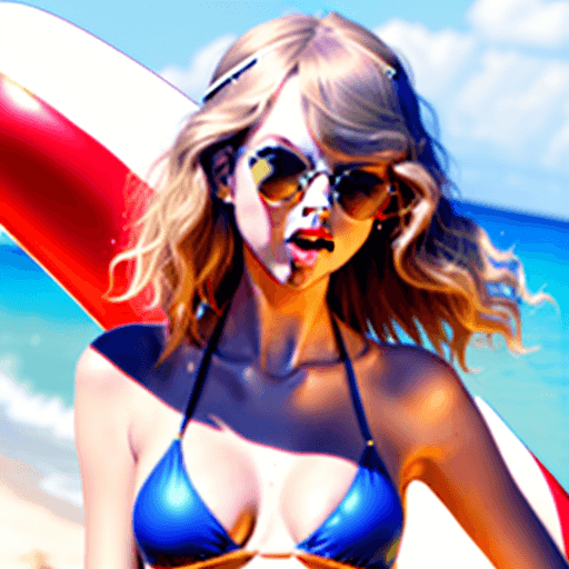 AI generated: Photo of Taylor Swift, swimsuit, sunglasses on top of head, sticking tongue out, peace sign, long ha...