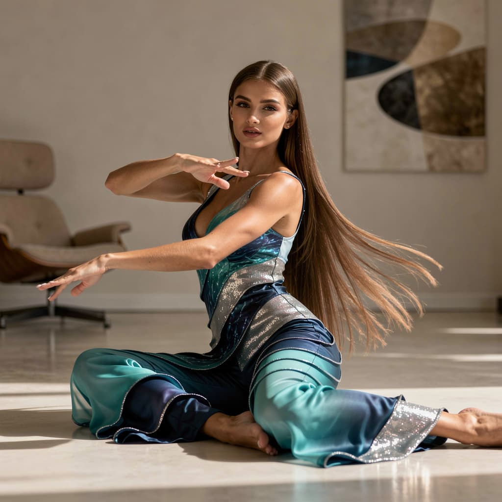 AI generated: Pretty, tanned girl with long brown hair down to her waist is sitting on the floor in her "girly" be...