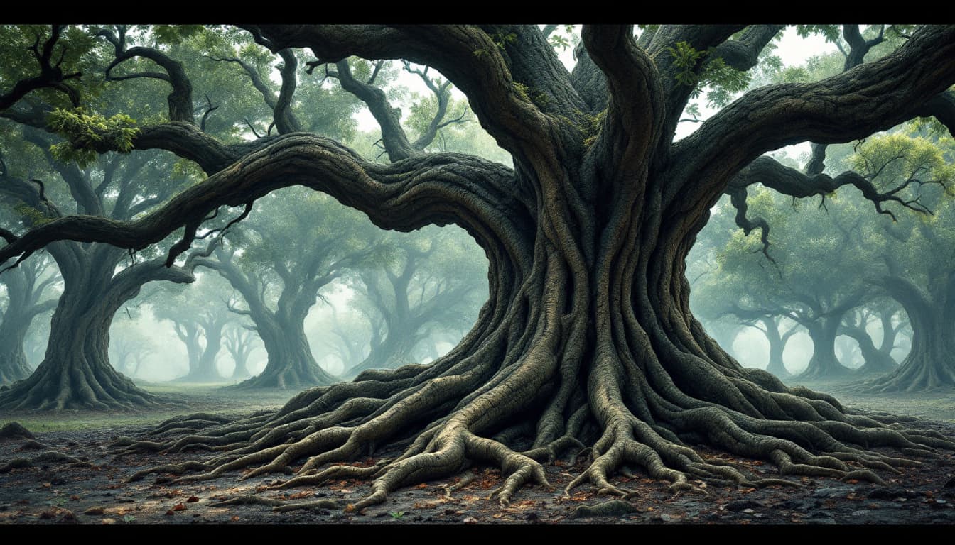 AI generated: Ancient oak trees with bark etched with runes that bleed black sap. Their roots twist like snakes, f...