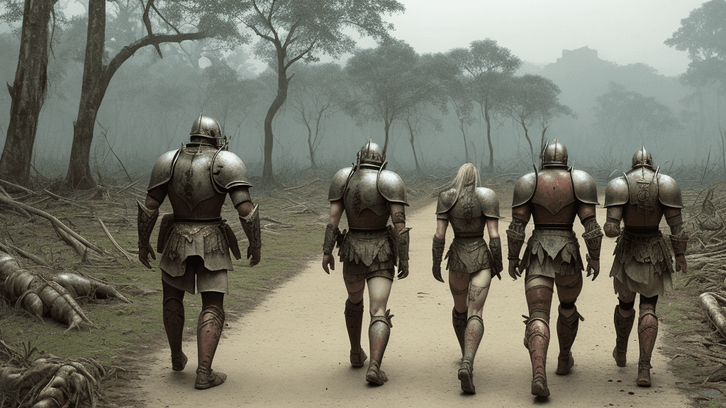 AI generated: Armoured warriors walking from the forest to a  A ruined deserted city
