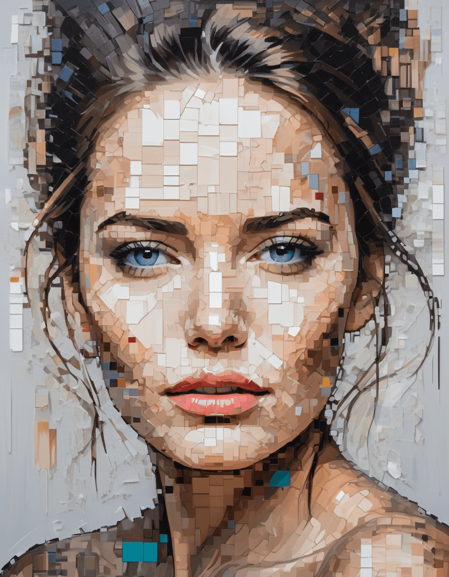 AI generated: abstract art painting of a woman's face, in the style of pixelated portraits, cracked, oversized por...