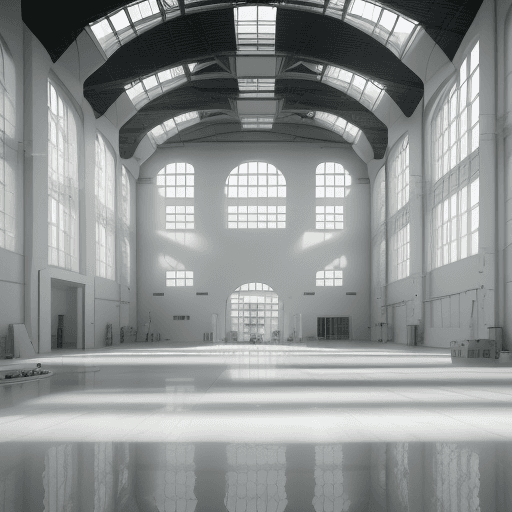 AI generated: High resolution photography interior design, Interior view of a white, huge and very high industrial...