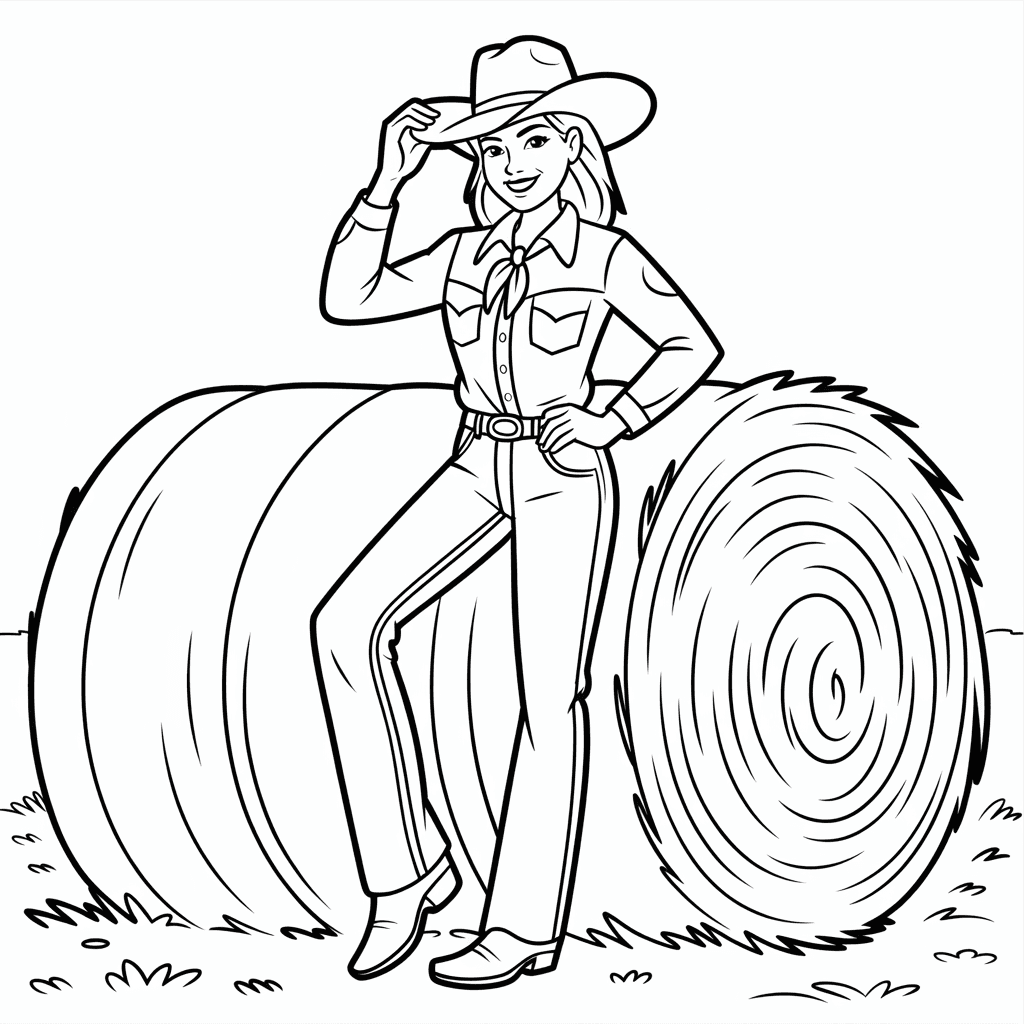 AI generated: "Cowgirl standing beside a hay bale with one boot propped up, smiling and holding her hat, wearing a...