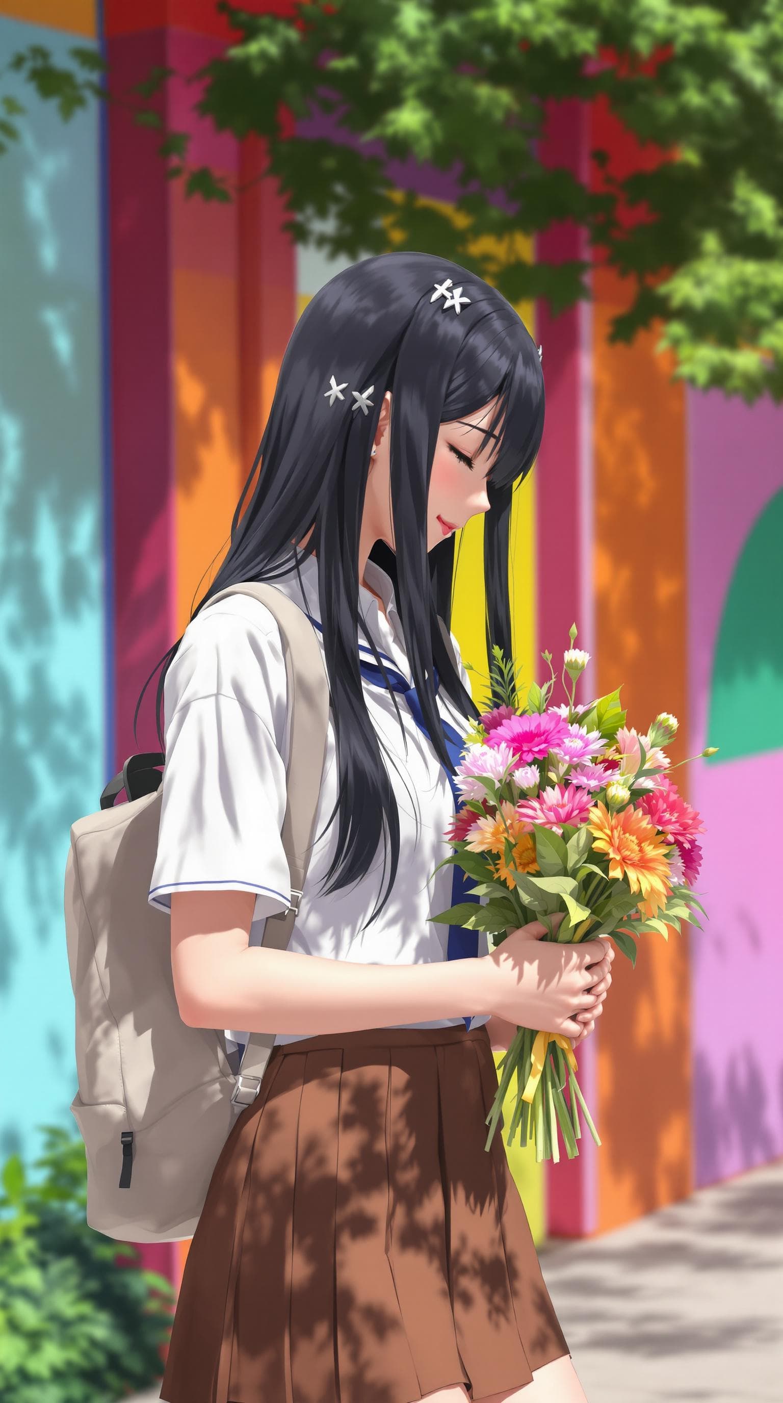AI generated: In the image, a anime realistic is seen walking outdoors, Lowering the face to the side right down, ...