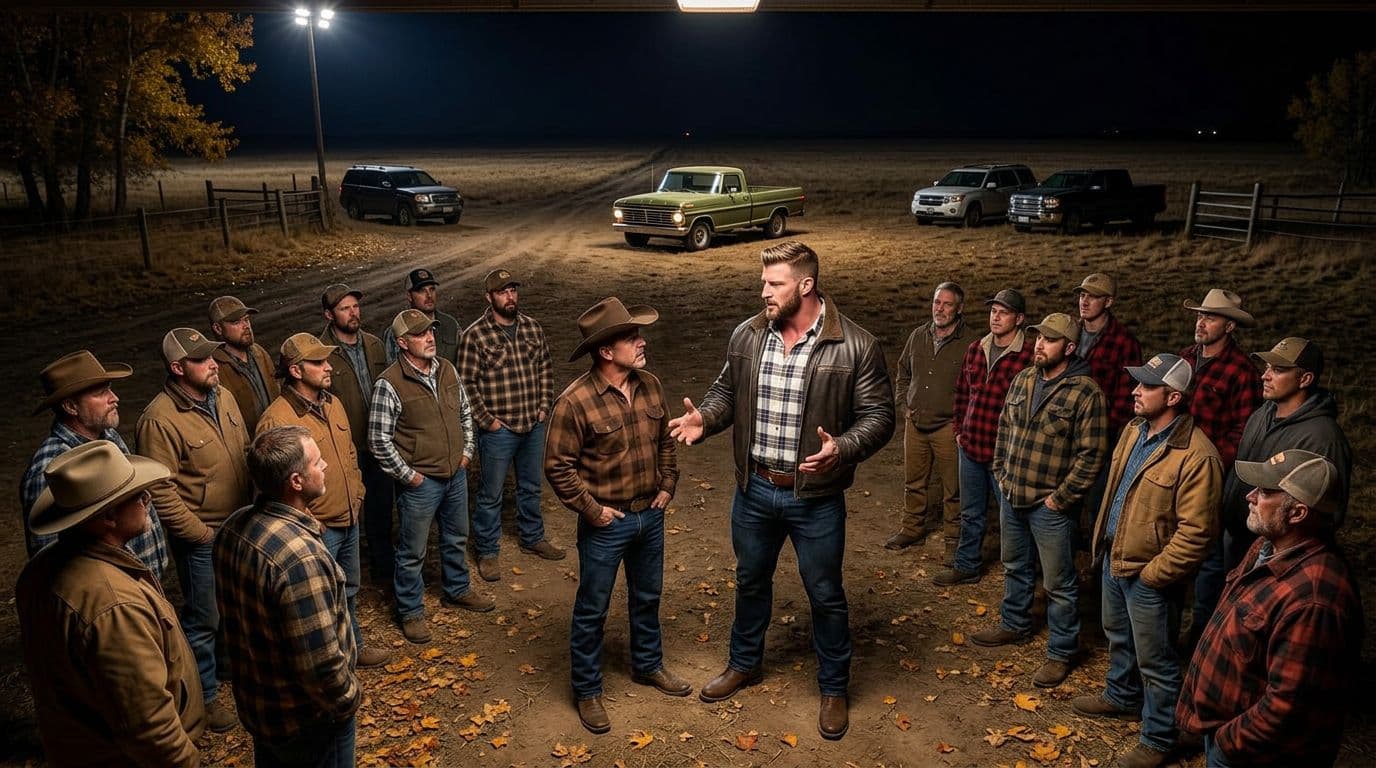 AI generated: In an Autumn night at a ranch, there are no houses around. The vintage olive green Ford pick up truc...