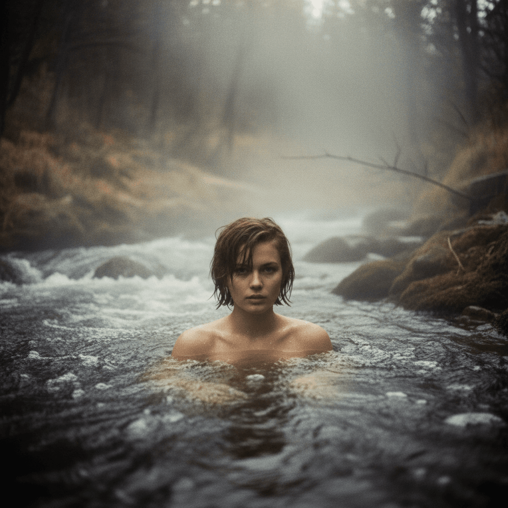 AI generated: hot spring in  a wild river flow, steam rises from the water, a younger
 Natasja Kinski with short w...