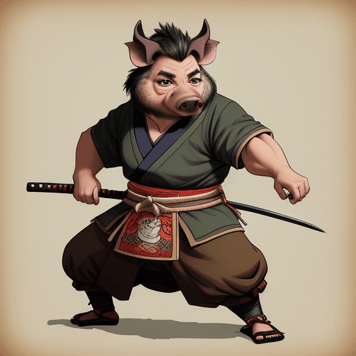 AI generated: anthropomorphic wild pig, male,  samurai, artwork by Stan Sakai
