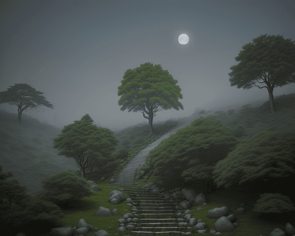 AI generated: rocky hill full of long green trees with stairs going up to the top where there is a visible wooden ...