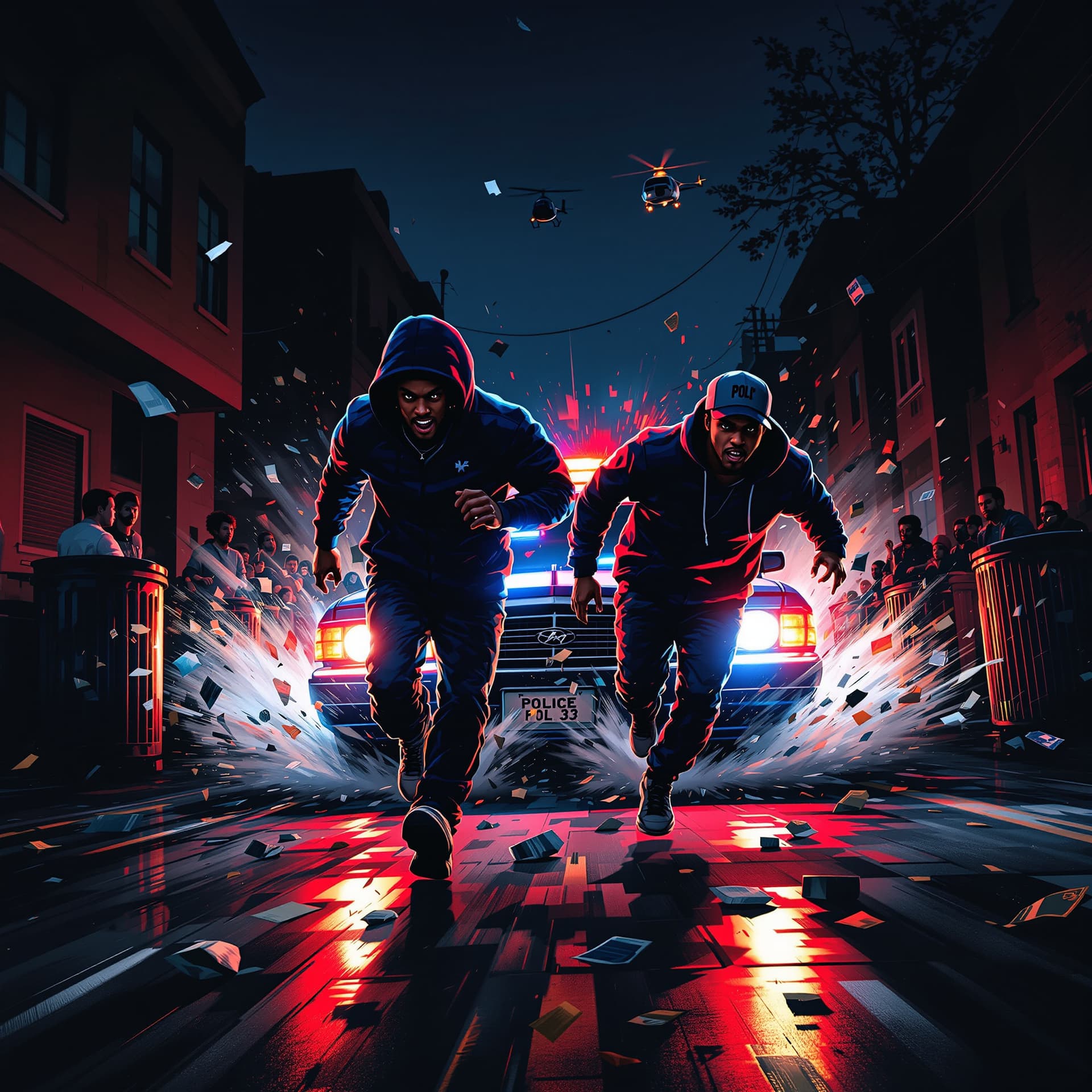 AI generated: FRONT view of a couple of young black men in hoodies and urban wear running AT FULL SPEED towards us...