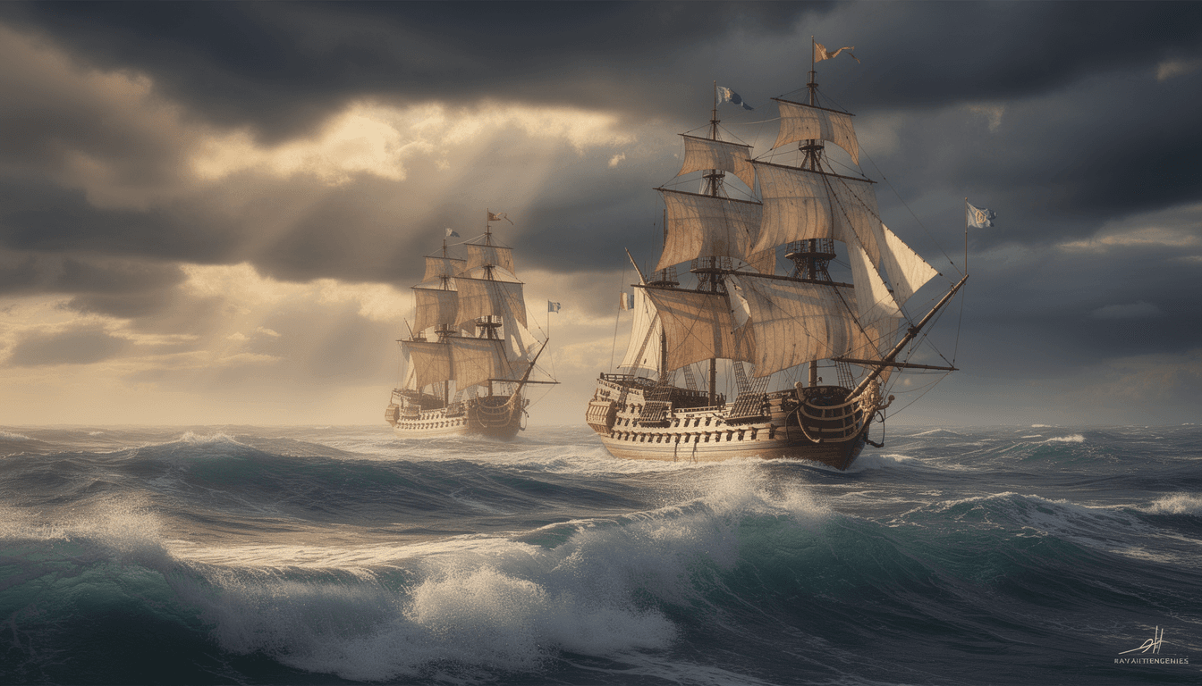 AI generated: A realistic, 8k image of\ntwo wooden tall sail ships at sea,  the ships have three masts,  royal nav...