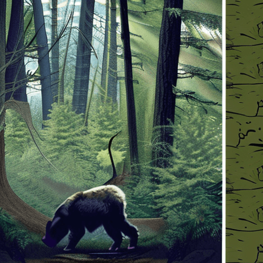 AI generated: an old black bear and a mountain goat with huge horns standing in a dense forrest