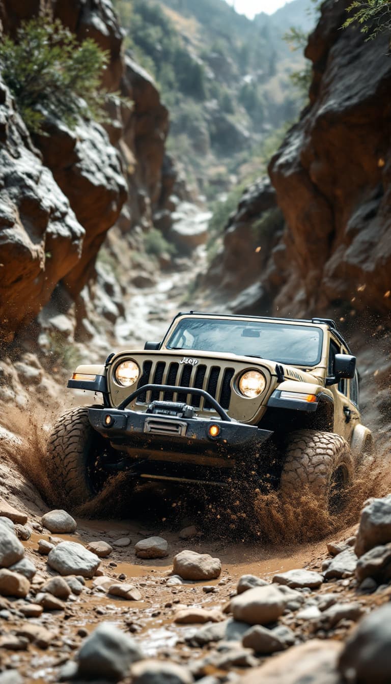 AI generated: A rugged, khaki-green Jeep Wrangler tackles a rocky off-road trail, boulders bouncing beneath its wh...