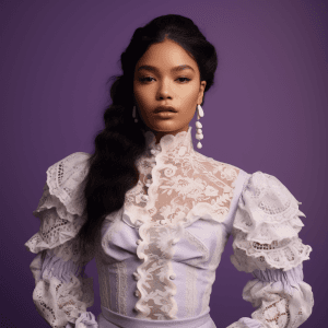 AI generated: Low Angle Shot of a delicate, romantic, and ethereal designer white lace blouse with puffed sleeves ...