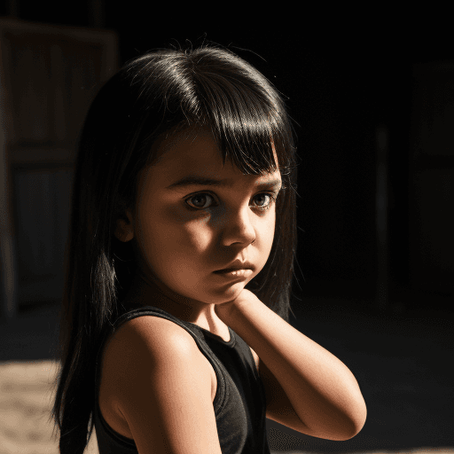 AI generated: sad young child with blonde-black hair, a big shadow hound in the back, 8k, fatansy