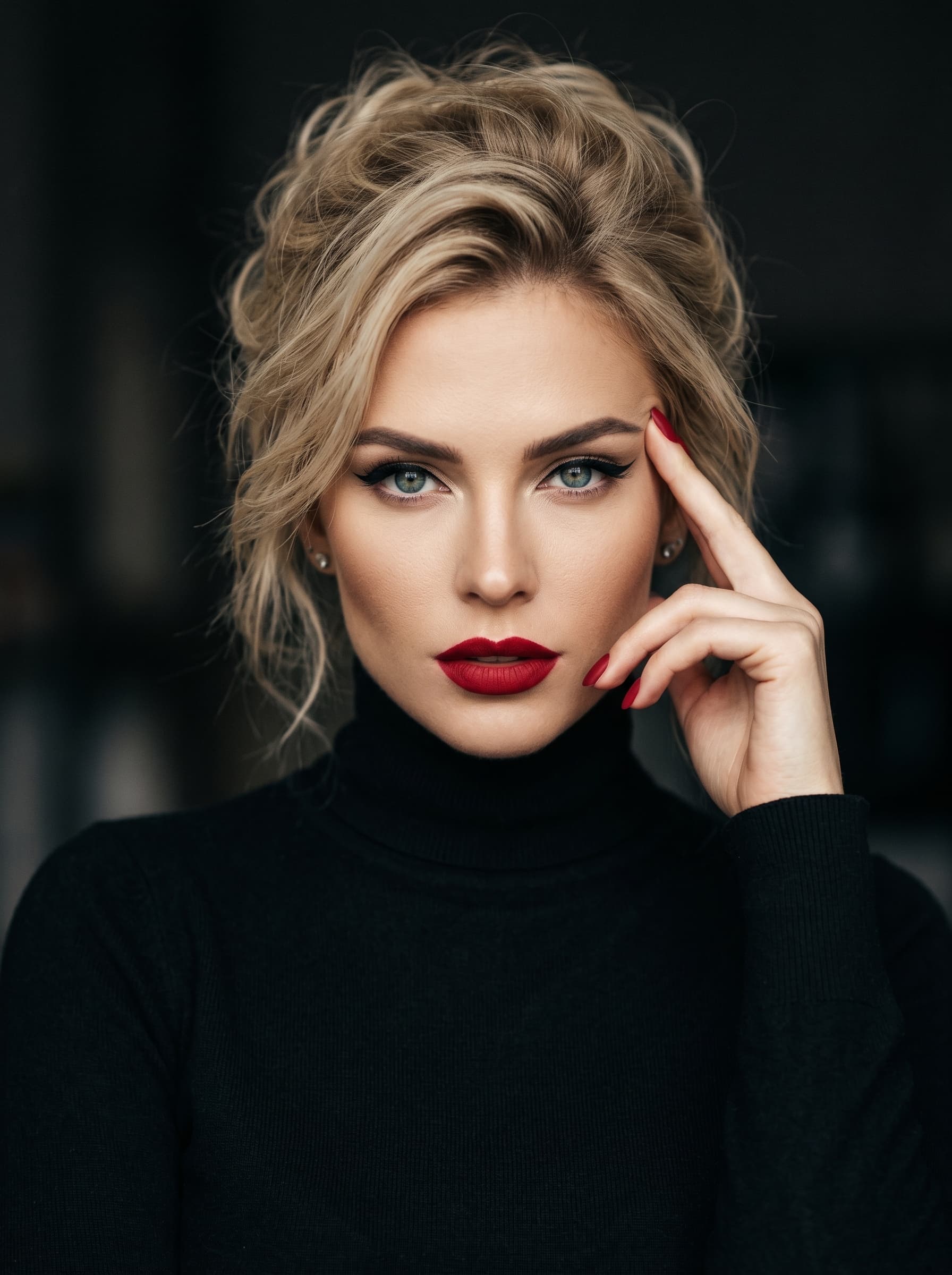 AI generated: (Nano Banana 2) A cinematic close-up portrait of a striking woman in a sleek black turtleneck, her f...