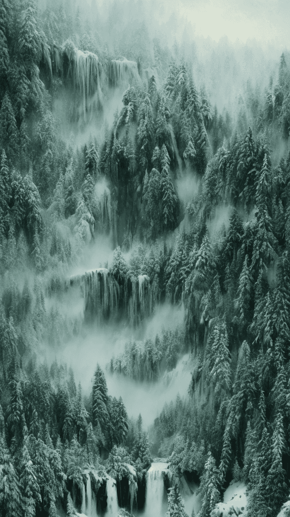 AI generated: winter landscape, green color, Bokeh, the waterfall, fog over the lake, insanely detailed and intric...